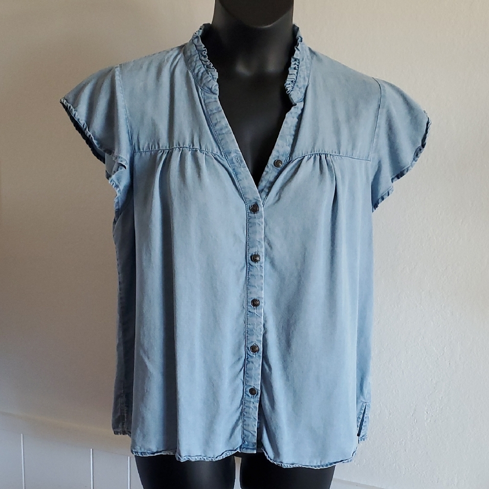 Jane and Delancey Flowy Light Blue Ruffled Button-Down Shirt